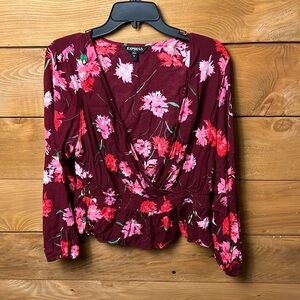 Express Women Floral Print Kimono Sleeve Surplice Wrap Top Lg pink maroon floral